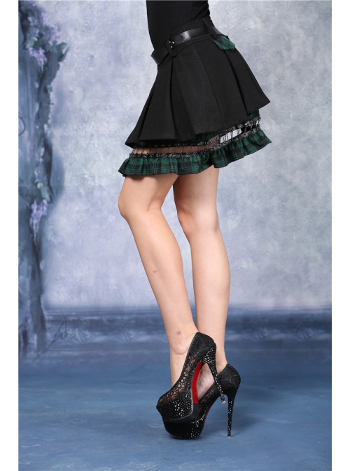 Metal Nail Strap Green Plaids Hem Black Punk Pleated Skirt