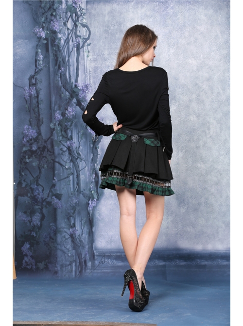 Metal Nail Strap Green Plaids Hem Black Punk Pleated Skirt