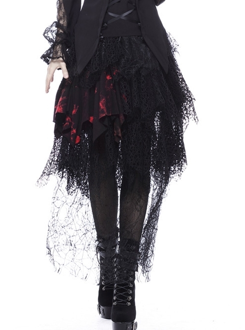 Black Punk Lace-Up Broken Holes Rough Mesh Skirt