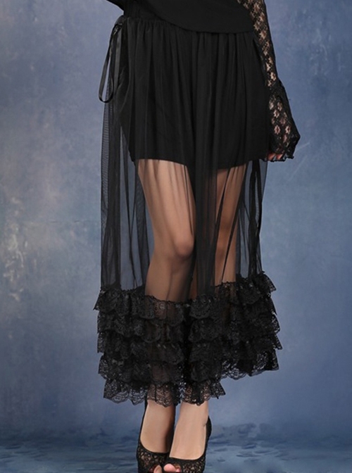 Side Lace-Up Lace Frill Hem Black Gothic Chiffon Long Skirt
