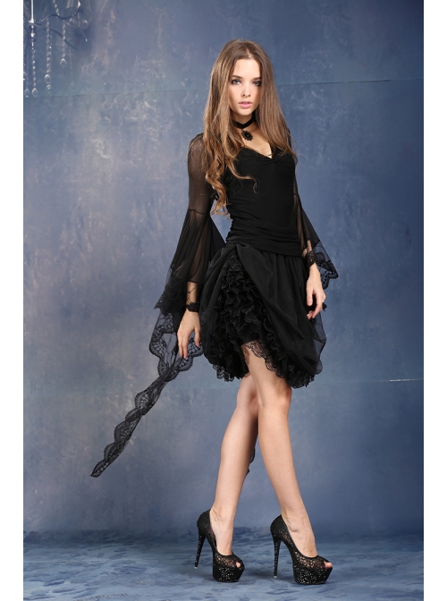 Side Lace-Up Lace Frill Hem Black Gothic Chiffon Long Skirt