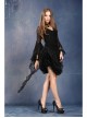Side Lace-Up Lace Frill Hem Black Gothic Chiffon Long Skirt