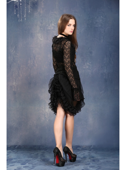 Side Lace-Up Lace Frill Hem Black Gothic Chiffon Long Skirt