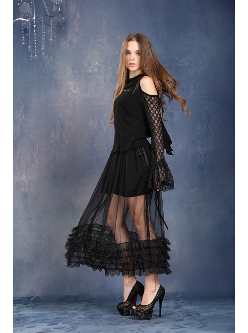 Side Lace-Up Lace Frill Hem Black Gothic Chiffon Long Skirt