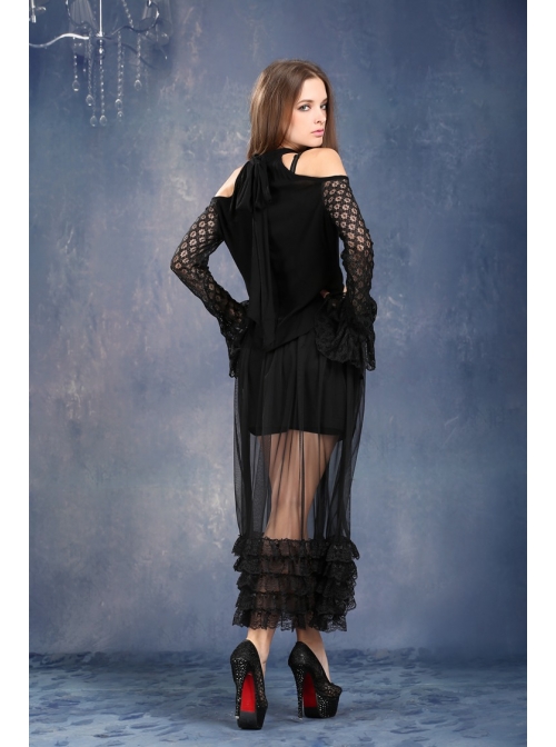 Side Lace-Up Lace Frill Hem Black Gothic Chiffon Long Skirt