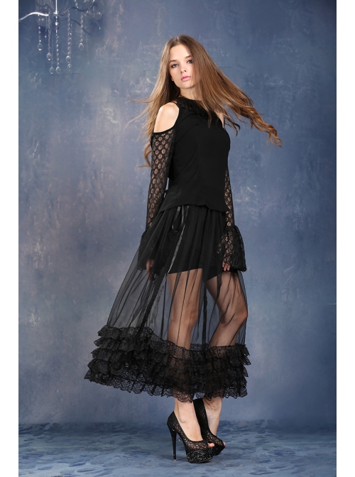 Side Lace-Up Lace Frill Hem Black Gothic Chiffon Long Skirt