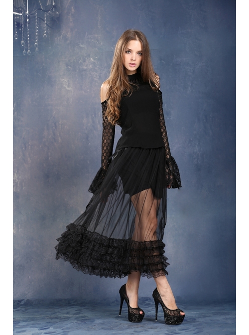 Side Lace-Up Lace Frill Hem Black Gothic Chiffon Long Skirt