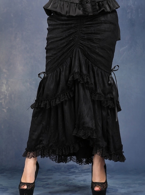 Side Lace-Up Lace Pleated Hem Black Gothic Packet Hip Long Skirt