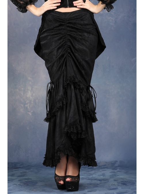 Side Lace-Up Lace Pleated Hem Black Gothic Packet Hip Long Skirt