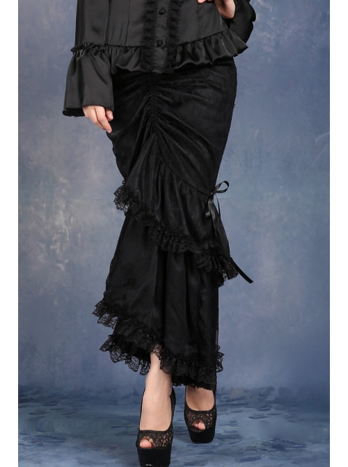 Side Lace-Up Lace Pleated Hem Black Gothic Packet Hip Long Skirt