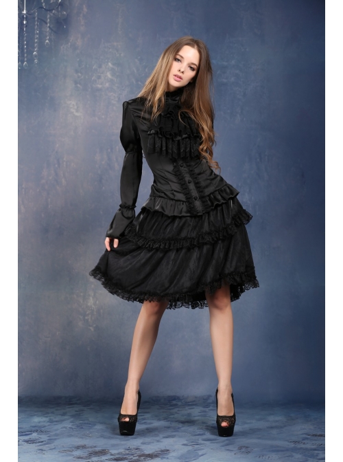 Side Lace-Up Lace Pleated Hem Black Gothic Packet Hip Long Skirt