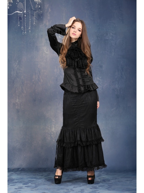 Side Lace-Up Lace Pleated Hem Black Gothic Packet Hip Long Skirt