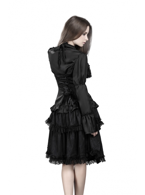 Side Lace-Up Lace Pleated Hem Black Gothic Packet Hip Long Skirt