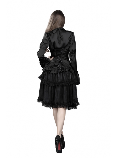Side Lace-Up Lace Pleated Hem Black Gothic Packet Hip Long Skirt