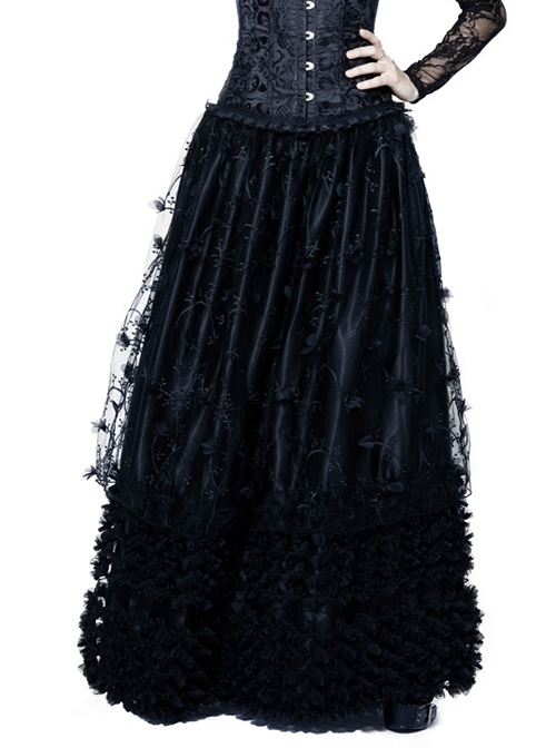 Budding Flowers Lace Hem Black Gothic Long Skirt