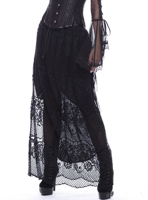 Black Gothic Lace-Up Hollow-Out Lace Long Skirt