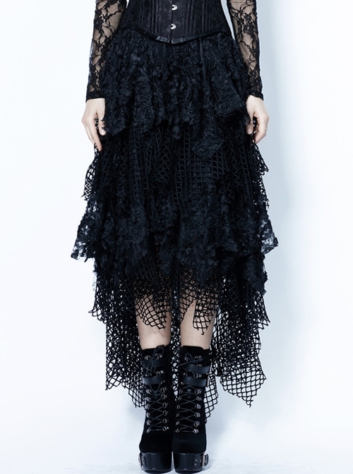 Messy Mesh Lace Irregular Hem Black Punk Long Skirt