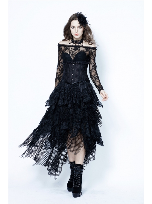 Messy Mesh Lace Irregular Hem Black Punk Long Skirt