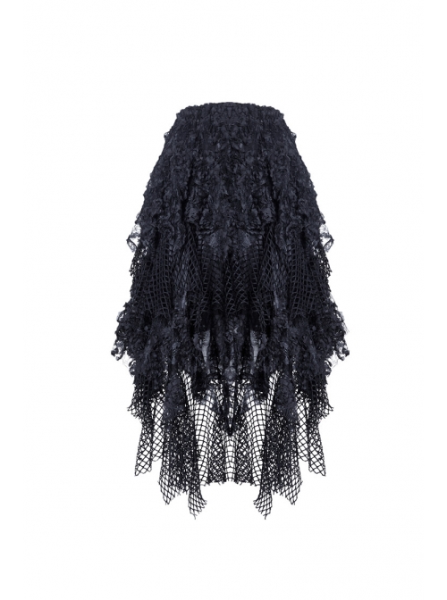 Messy Mesh Lace Irregular Hem Black Punk Long Skirt