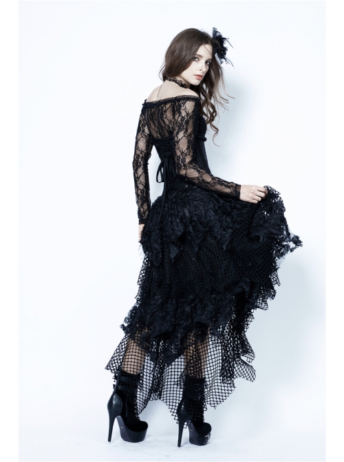 Messy Mesh Lace Irregular Hem Black Punk Long Skirt
