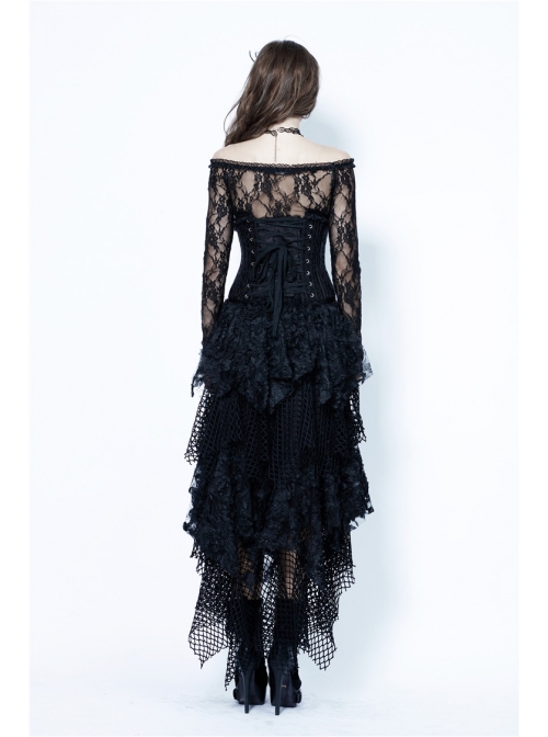 Messy Mesh Lace Irregular Hem Black Punk Long Skirt