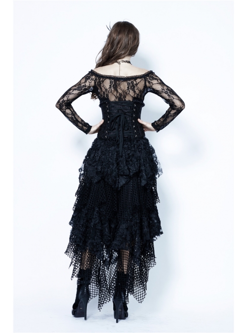 Messy Mesh Lace Irregular Hem Black Punk Long Skirt