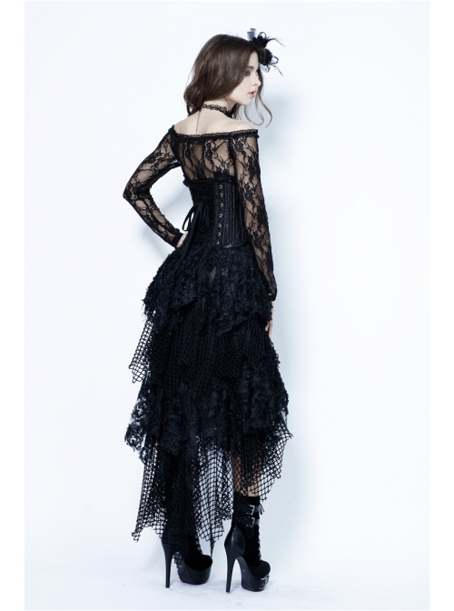 Messy Mesh Lace Irregular Hem Black Punk Long Skirt