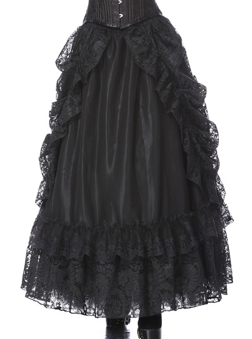 Lace-Up Lace Mesh Frill Black Gothic Long Skirt