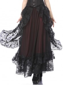 Lace-Up Lace Mesh Frill Dark Red Gothic Long Skirt