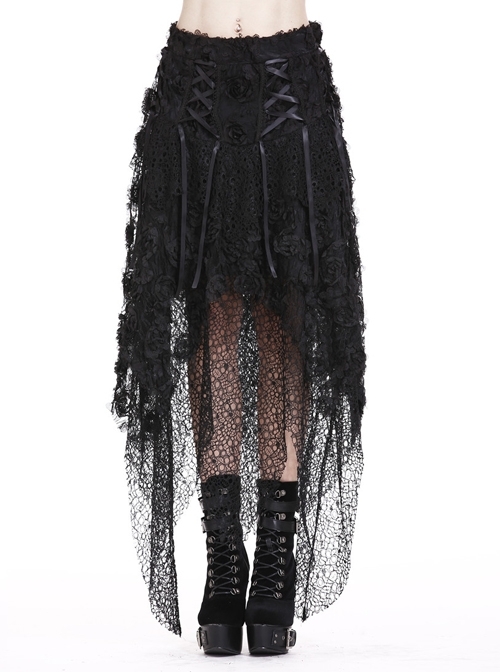 Disorderly Flower Mesh Lace-Up Irregular Hem Black Punk Long Skirt