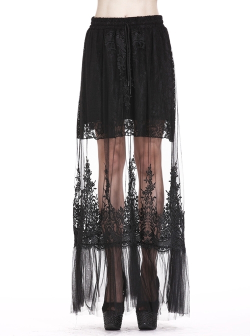 Lace-Up Lace Hollow-Out Black Gothic Long Skirt