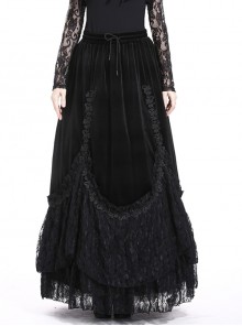 Black Gothic Lace-Up A-Line Lace Hem Velvet Long Skirt