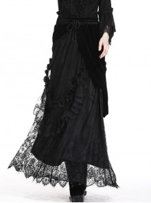 Black Gothic Lace-Up Wave Velvet Lace Hem Maxi Skirt