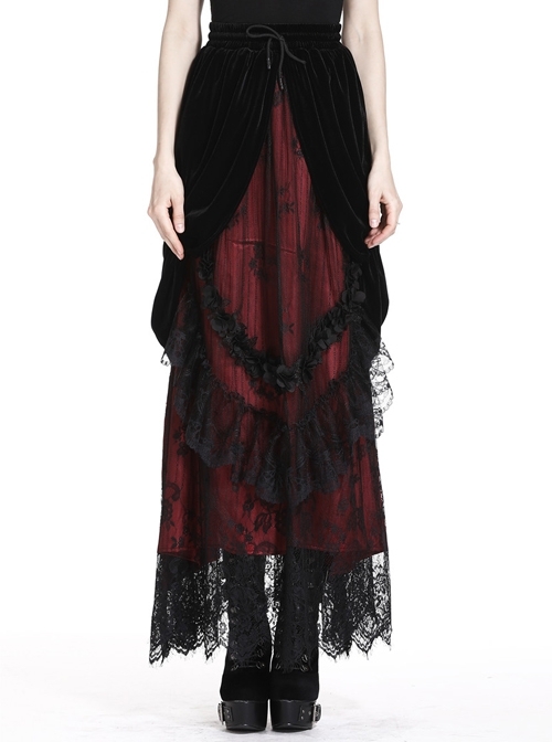 Black Red Gothic Lace-Up Wave Velvet Lace Hem Maxi Skirt