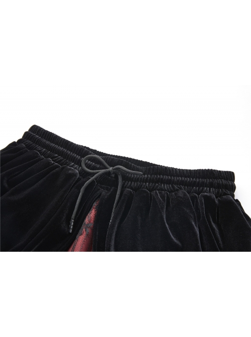 Black Red Gothic Lace-Up Wave Velvet Lace Hem Maxi Skirt