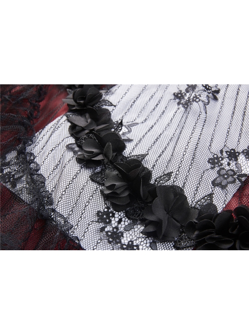 Black Red Gothic Lace-Up Wave Velvet Lace Hem Maxi Skirt