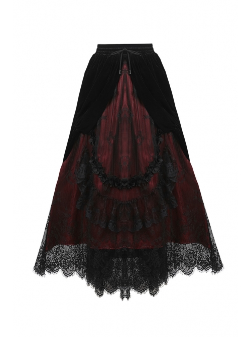 Black Red Gothic Lace-Up Wave Velvet Lace Hem Maxi Skirt