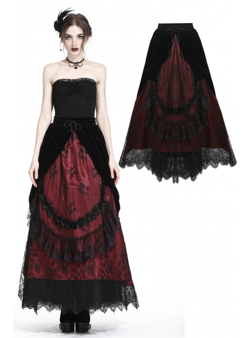 Black Red Gothic Lace-Up Wave Velvet Lace Hem Maxi Skirt