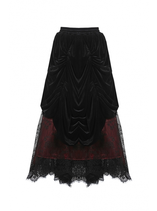 Black Red Gothic Lace-Up Wave Velvet Lace Hem Maxi Skirt