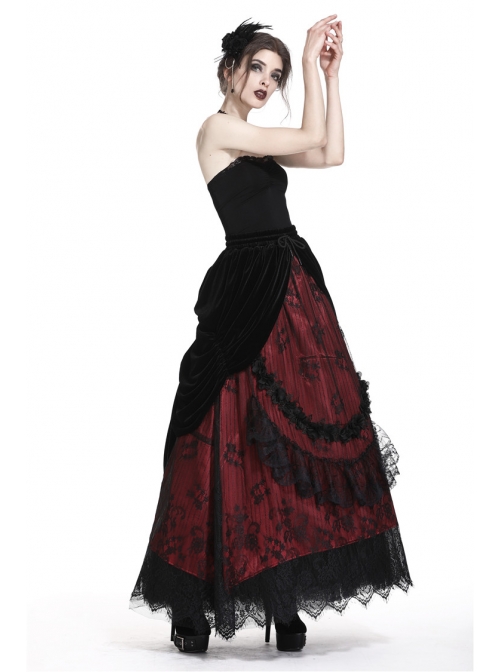 Black Red Gothic Lace-Up Wave Velvet Lace Hem Maxi Skirt
