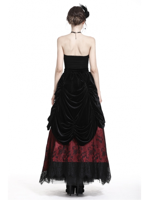 Black Red Gothic Lace-Up Wave Velvet Lace Hem Maxi Skirt