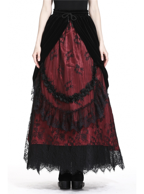 Black Red Gothic Lace-Up Wave Velvet Lace Hem Maxi Skirt