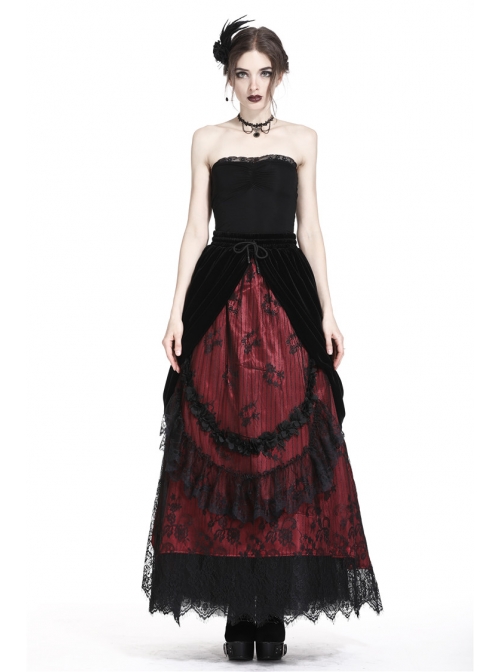 Black Red Gothic Lace-Up Wave Velvet Lace Hem Maxi Skirt