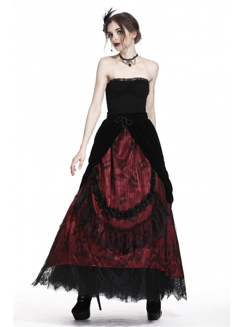 Black Red Gothic Lace-Up Wave Velvet Lace Hem Maxi Skirt
