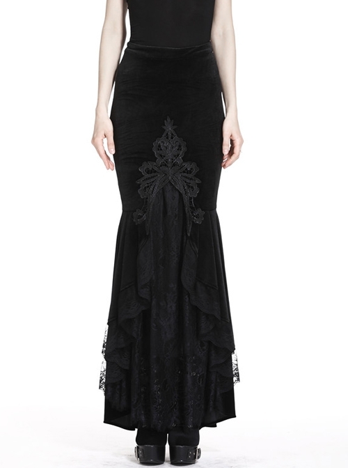 Black Gothic Frill Lace Fishtail Hem Velvet Tight Maxi Skirt