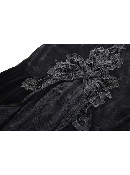 Black Gothic Frill Lace Fishtail Hem Velvet Tight Maxi Skirt