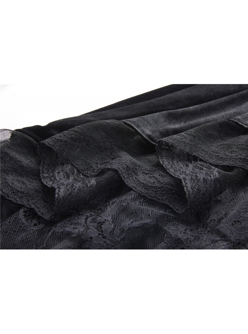 Black Gothic Frill Lace Fishtail Hem Velvet Tight Maxi Skirt