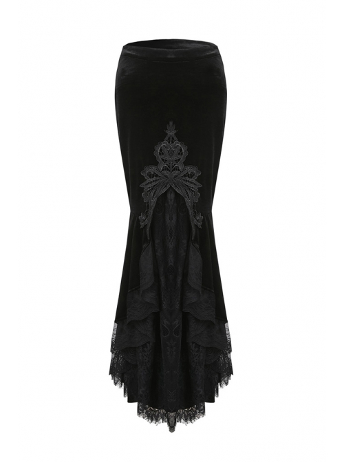 Black Gothic Frill Lace Fishtail Hem Velvet Tight Maxi Skirt