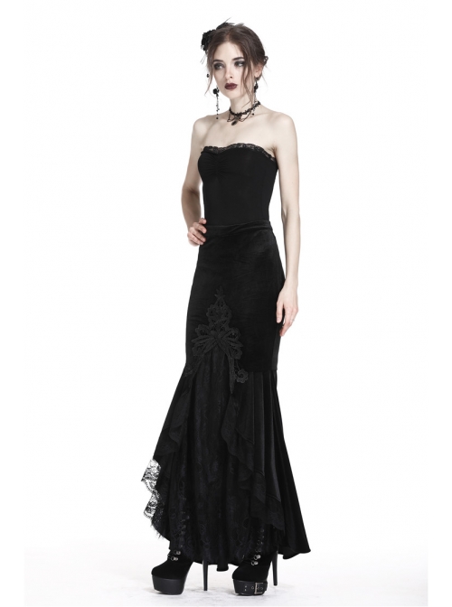 Black Gothic Frill Lace Fishtail Hem Velvet Tight Maxi Skirt