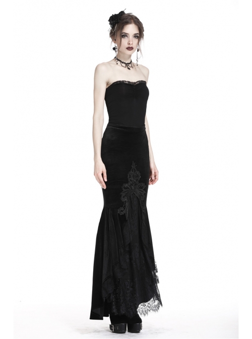 Black Gothic Frill Lace Fishtail Hem Velvet Tight Maxi Skirt
